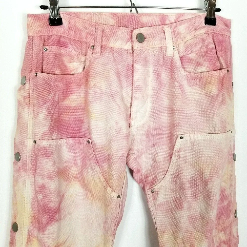 MNML Men's White Pink Tie‎ Dye Jeans Size 29 Snap Zip Sides Pockets